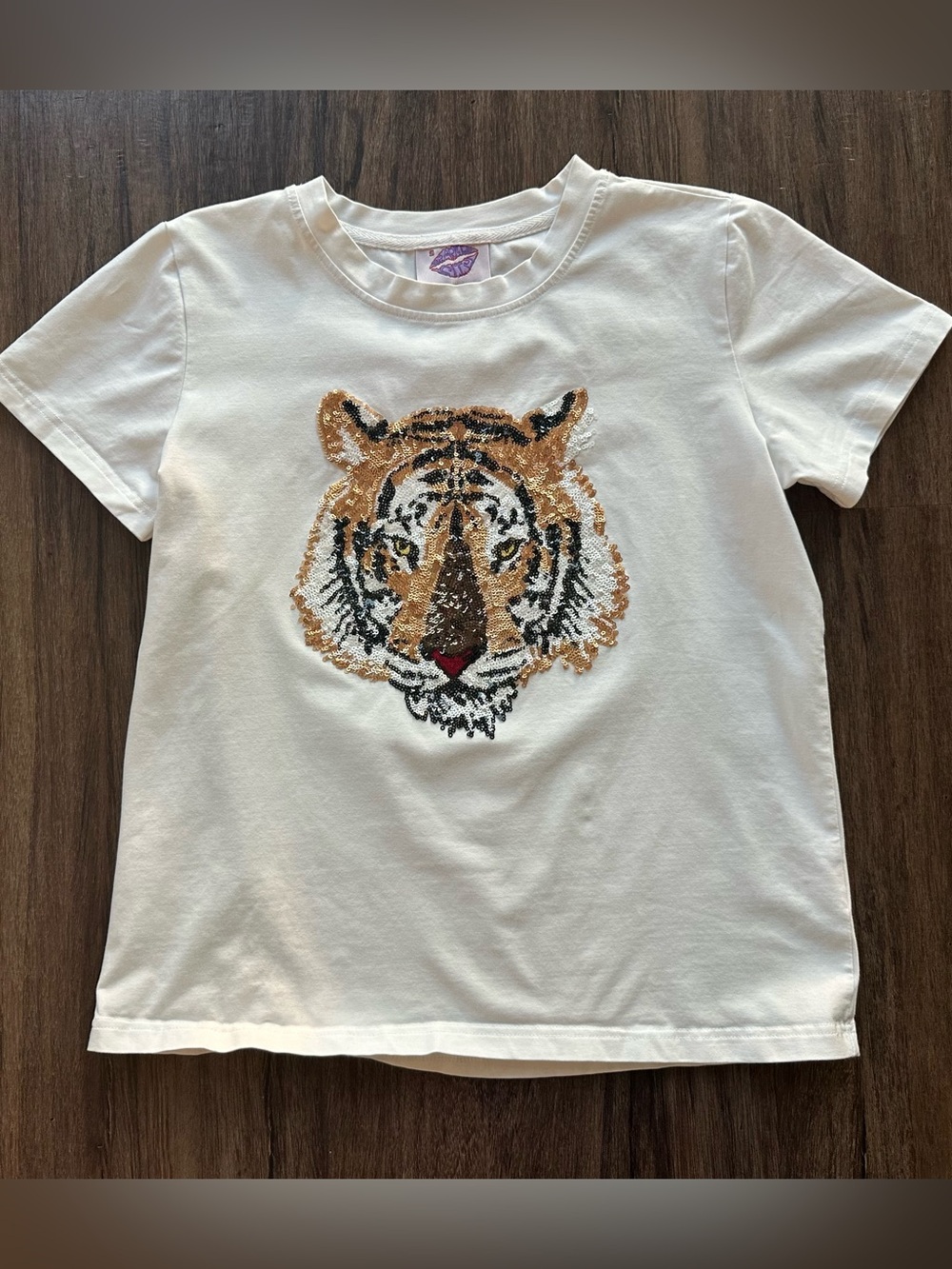 Sparkle City Sequin Tiger Head Tee in White. Size S. Like-New Condition